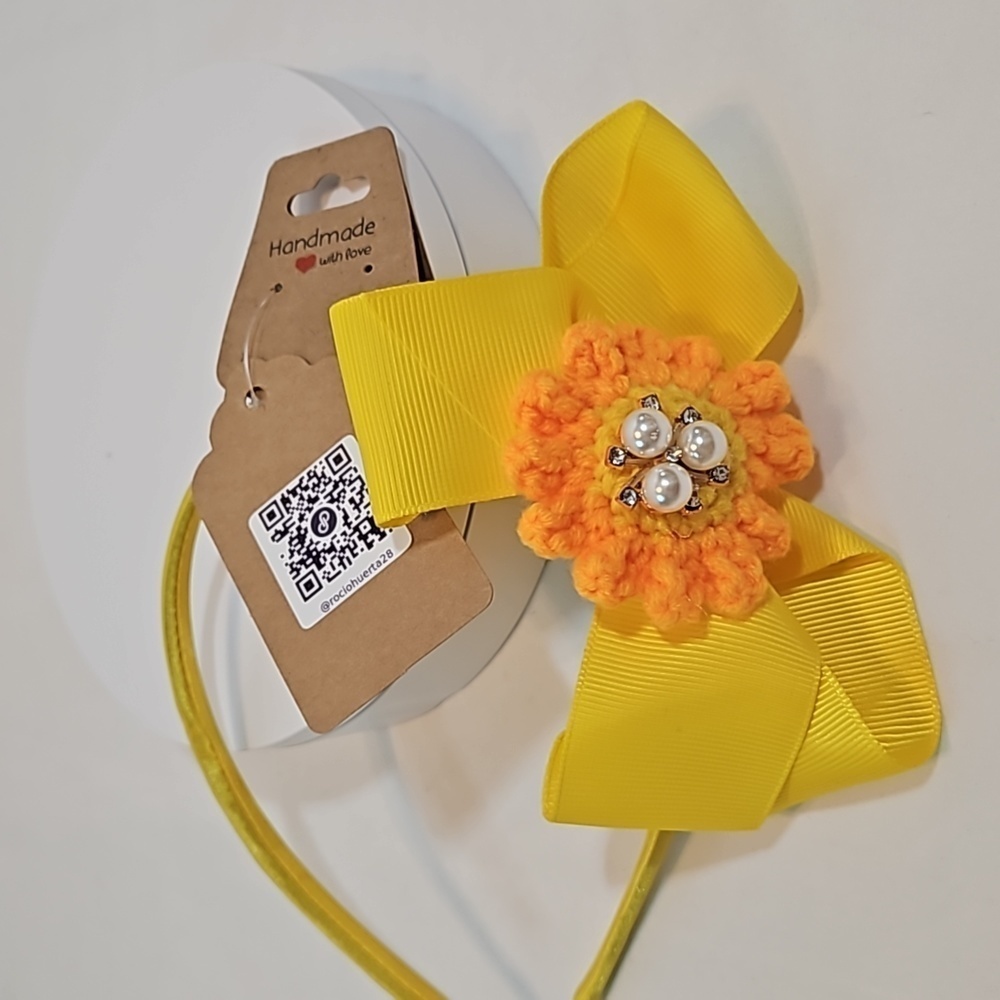 Hand Crafted yellow bow hairband hand  crochet flower faux pearls beads floral - Picture 17 of 17